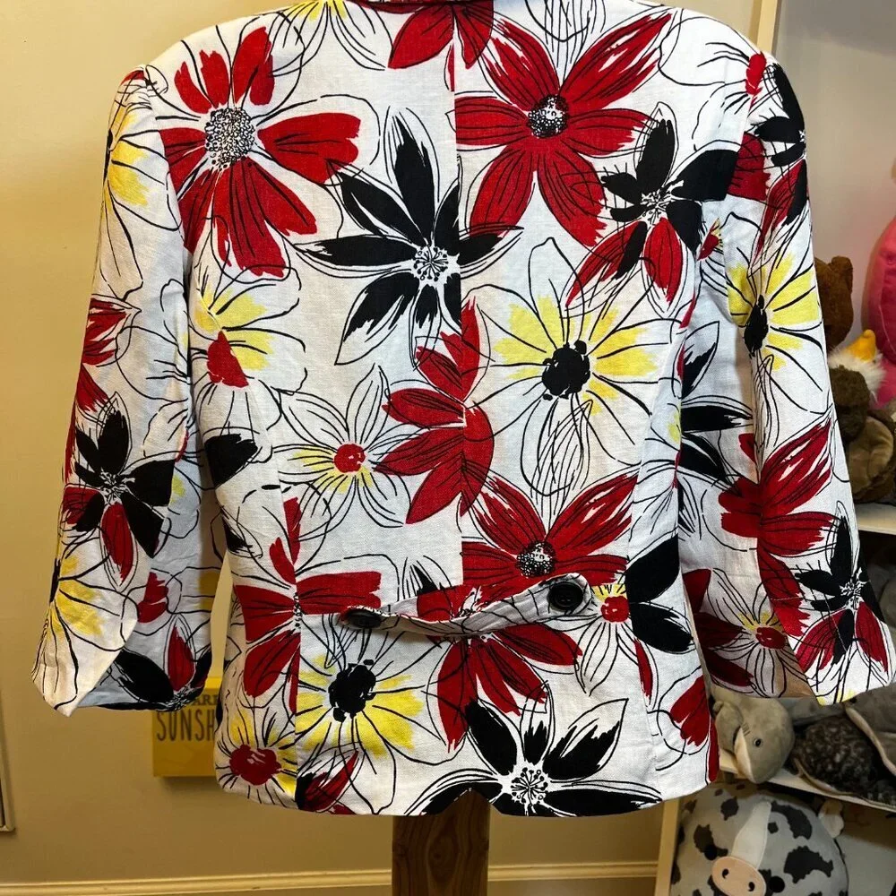 Parisian Signature Red Yellow Black Floral Linen Blend Blazer Women’s Size 10 - Picture 2 of 5